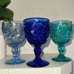3 Madonna Inn Wild Rose Glass Goblet Cup Ski & Blue Teal Rare Wine Water 5" Tall